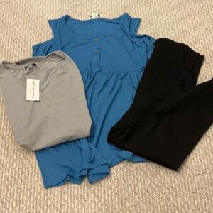 Maternity Bundle Blue Sleeveless Top with Gray and Black Pants Set